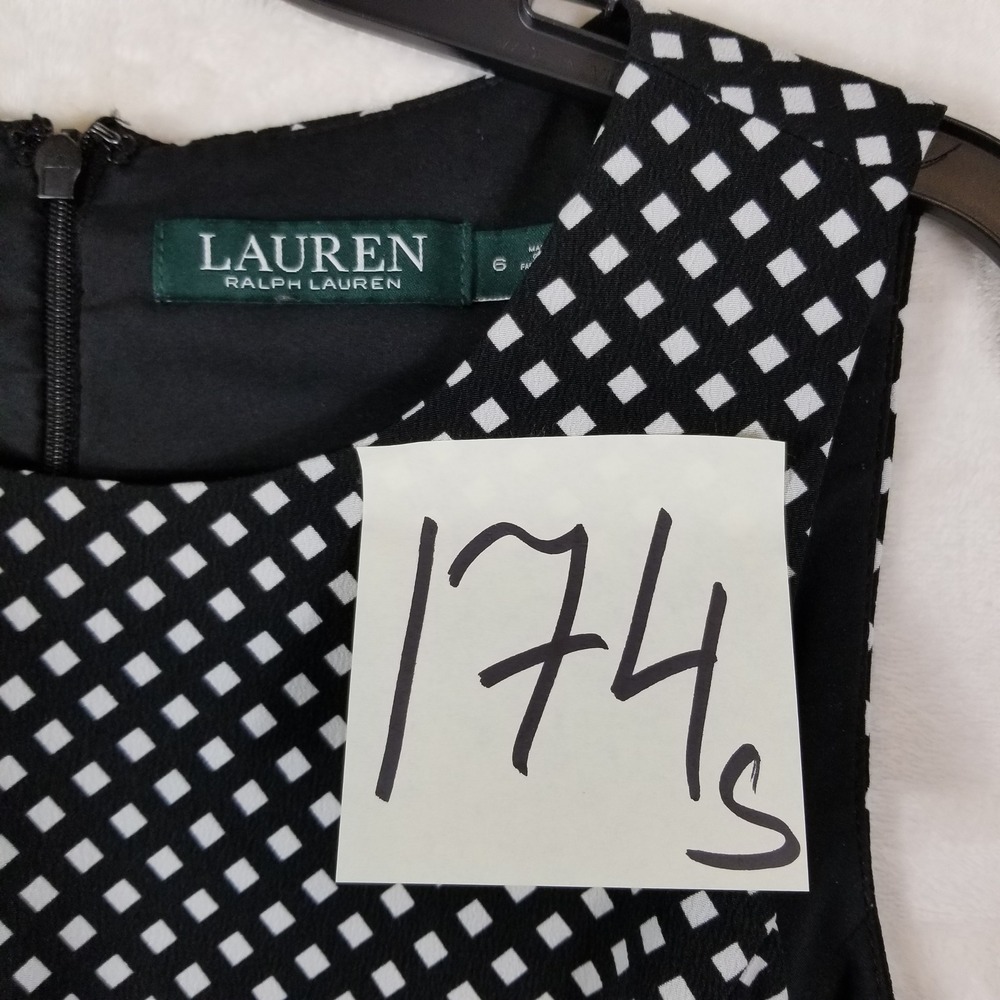 Lauren Ralph Lauren Black White Diamond Print Faux Wrap Ruffle Sheath Dress 6 - Picture 7 of 7